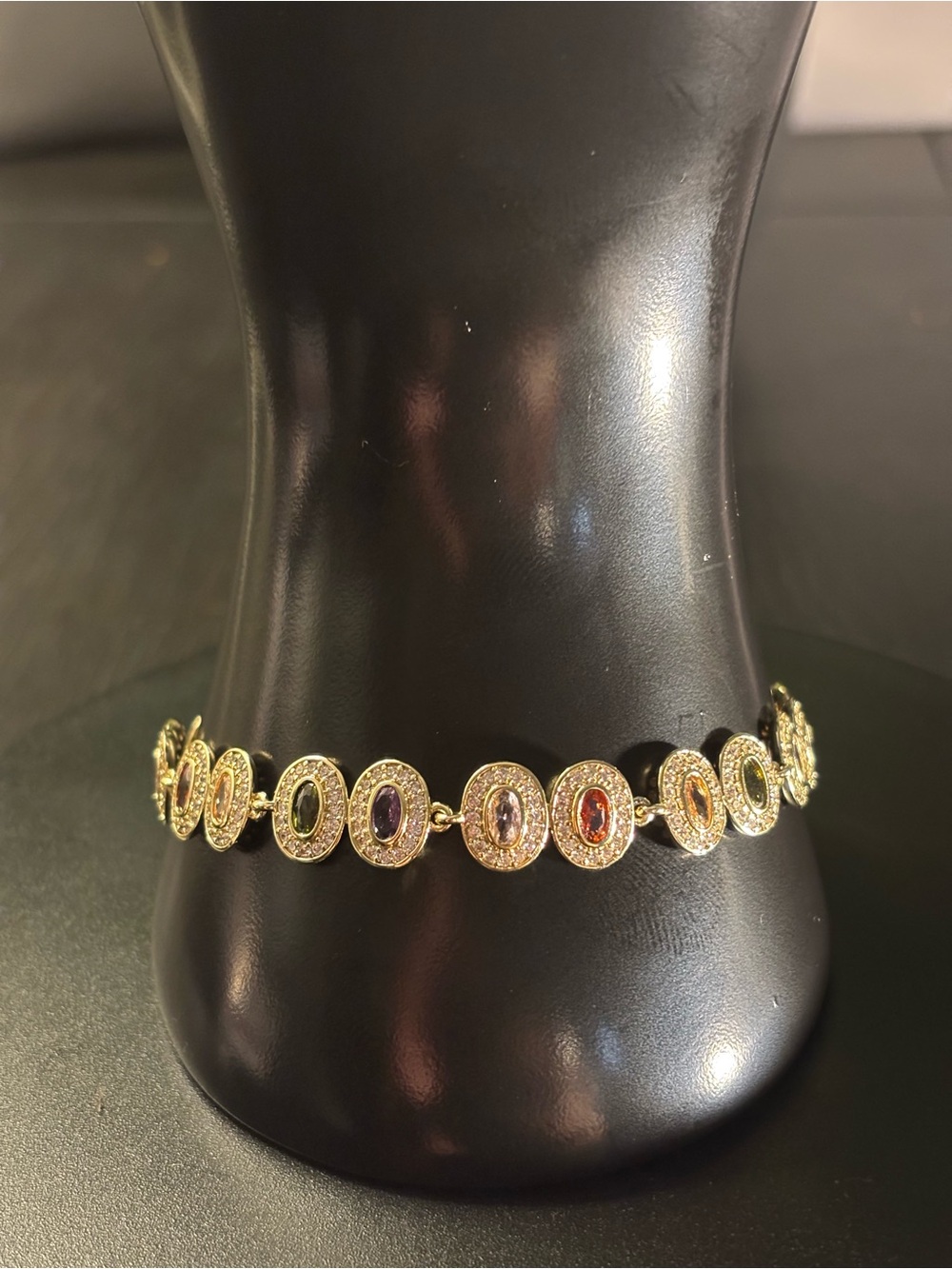 14K Gold-Filled Multicolor Oval Crystal Link Bracelet Adjustable